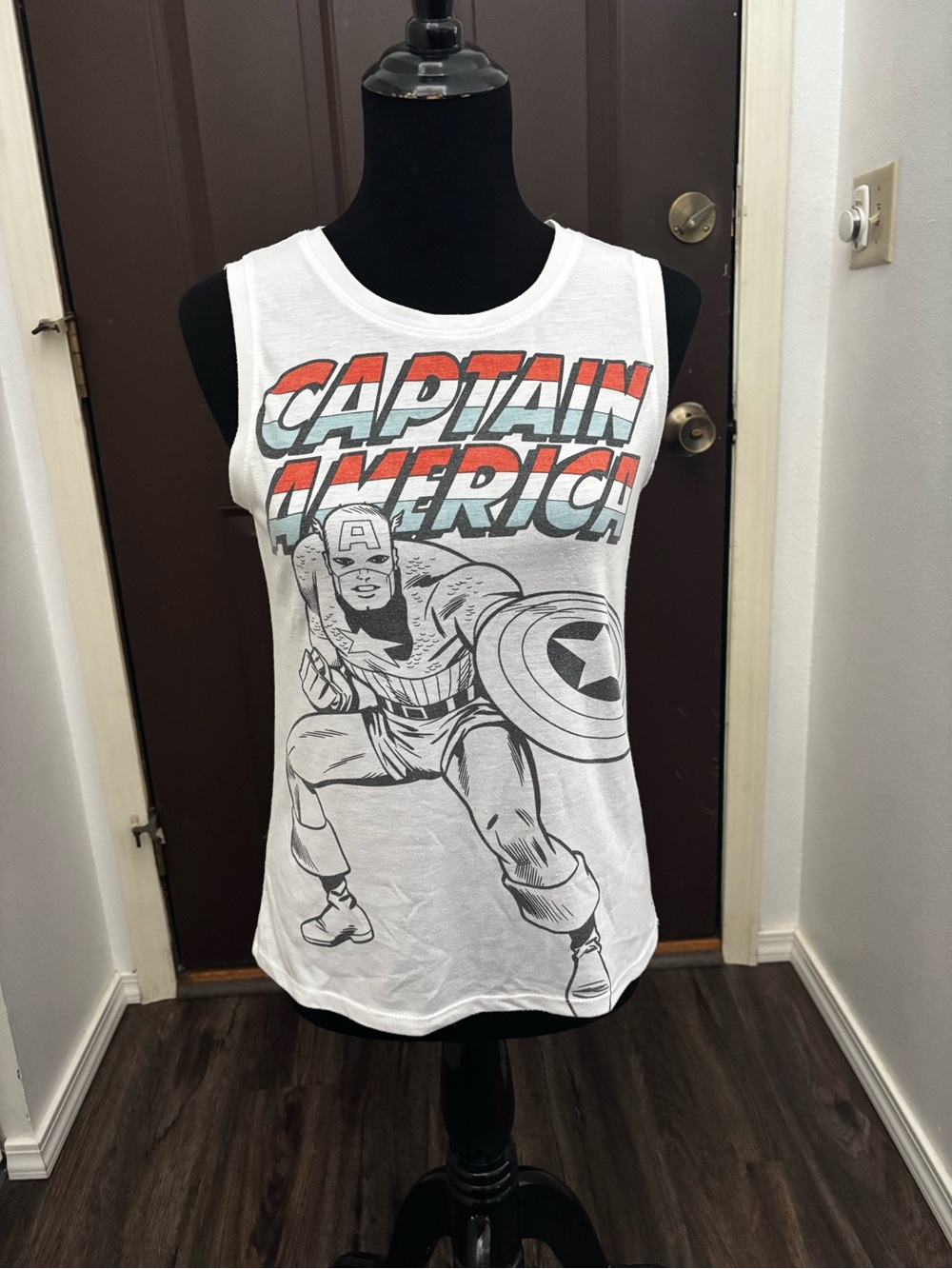 Marvel Captain America Graphic Tank Top - White with Red & Blue Lettering